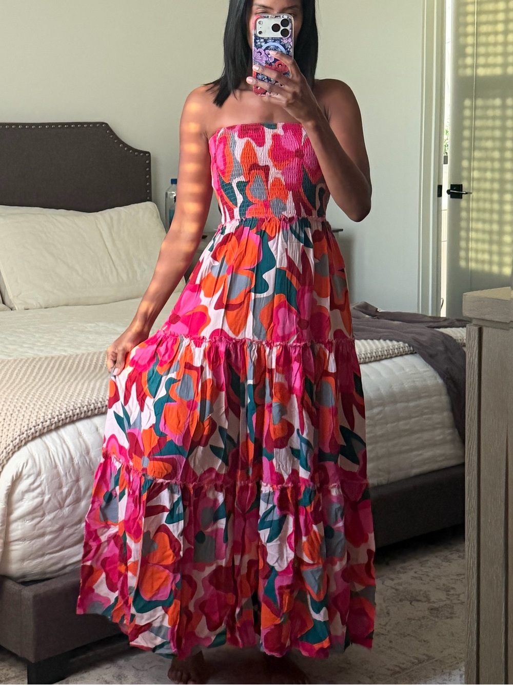 Smocked Strapless Floral Maxi Dress in Pink & Orange